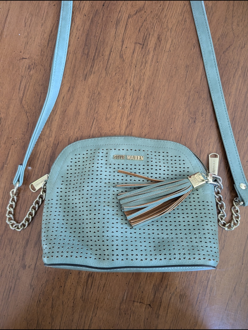 Steve Madden Teal Perforated Crossbody with Tassel and Chain Strap